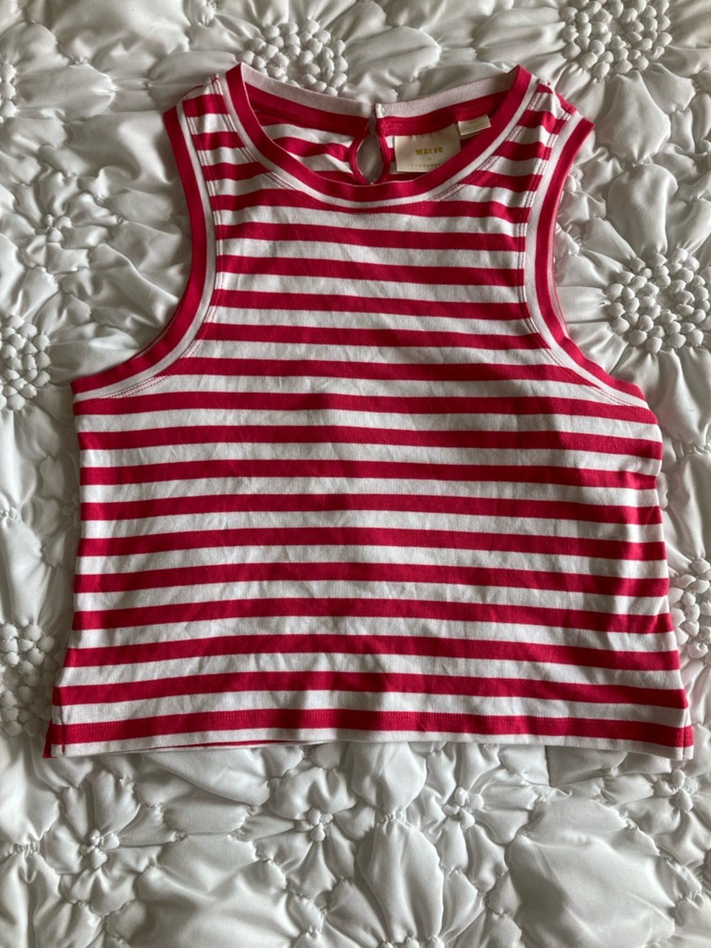 Maeve by Anthropologie pink & White Striped Cropped Tank Top with Keyhole Back
